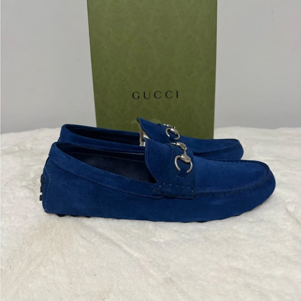 Gucci Men\'s Navy Suede Horsebit Drivers size 7.5G 8 US Gucci Blue Suede Loafers Driver Horsebit  main image 4